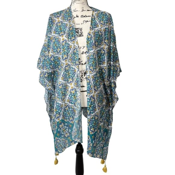 J. Jill Tops - J. Jill Womens Kimono Ruana Cardigan Blue Green Floral Tassels One Size